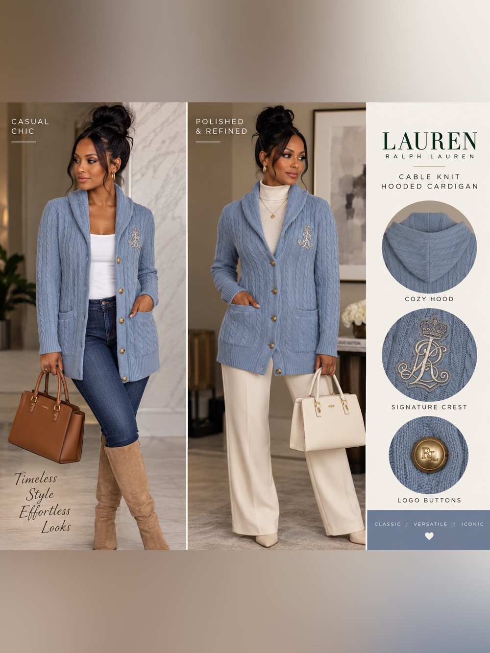Ralph Lauren Light Blue Cable-Knit Hooded Cardigan with Crest